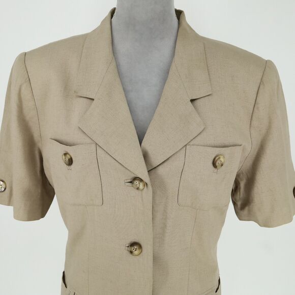 Kasper ASL Jacket Womens 14 Beige Lined Linen Blend Shoulder Pads Safari Career - Picture 15 of 16